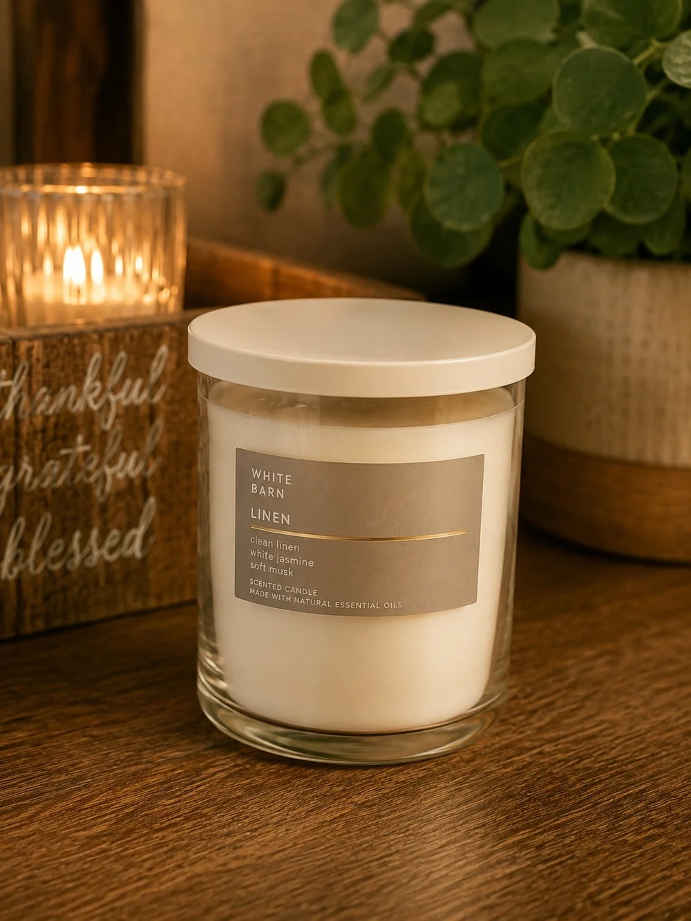 White Barn Cream & Taupe Linen Candle with Gold Accent